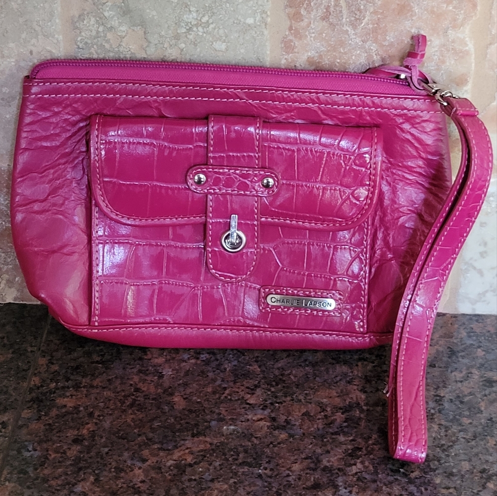 CHARLIE LAPSON Nwot Pink Embossed Leather Wristlet
